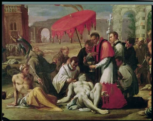 St. Charles Borromeo (1538-84) jakamassa sakramentin ruton uhreille vuonna 1576 (yksityiskohta 78610)