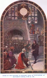 Tarjous kuninkuudesta Richard Gloucesterin herttualle Baynardsin linnassa 26. kesäkuuta 1483, Waverley Book Company Limitedin julkaisemasta Cassells History of the British People -teoksesta, n. 1940.