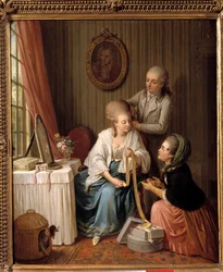 Nauhakauppias Nuori nainen, jolla on kotona hiukset, puhuu kauppiaalle, jolla on muodikas kärpänen kasvoillaan. Sigmund Freudenbergin (1745-1801) maalaus 1700-luvun Pariisissa, Musee de Cognacq Jay