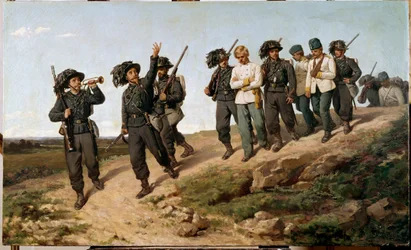 Jakso Italian kampanjasta vuonna 1859: "" Itävallan sotavankeja bersaglierien (bersaglieri) ympäröimänä"" Silvestro Legan (1826-1895) maalaus 1861 Su. 57,5 x 95 cm Firenze, Galleria d