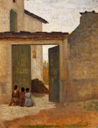 Viaticum, noin 1864, kirjoittanut Silvestro Lega (1826-1895), öljy pahville, 315x394 cm