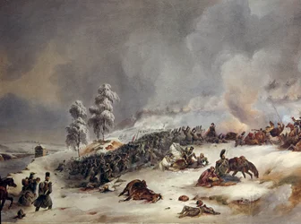 Eläkkeelle Venäjältä vuonna 1812: "" Ricard-divisioona Krasnoen taistelussa 18.11.1812, klo 9." Simeon Fortin akvarellimaalaus (1793-1861) Su. 0,6x0,99 m.