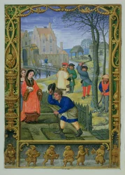 Lisää 24098 f.20v maaliskuu: Puutarhanhoito ja puiden kaato, tuntikirjasta tai golfkirjasta, n. 1520-30 (vellum)