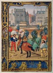 Lisää 24098 f.23v kesäkuu: Turnajaiset ja peli harrastushevosten kanssa, Book of Hoursista tai Golf Bookista, n.1520-30 (vellum)