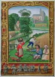 Lisää 24098 f.25v elokuu: Sadonkorjuu joen lähellä, tuntikirjasta tai golfkirjasta, n. 1520-30 (vellum)