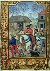 Lisää 24098 f.28v marraskuu: Paluu metsästämisestä, tuntikirjasta tai golfkirjasta, n. 1520-30 (vellum)