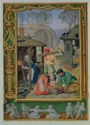 Lisää 24098 f.29v joulukuu: Ruoan valmistaminen talveksi, leivän teko ja sian tappaminen Tuntikirjasta tai Golfkirjasta, n. 1520-30 (vellum)
