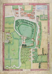 Hertford Castle and Castle Yard, Symon Basyll Surveyorin tekemästä kyselystä..., 1608 (kynä ja muste wc:llä ja guassilla paperilla)