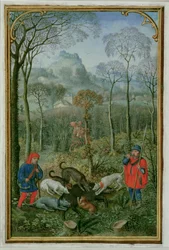 18855 f.108v joulukuu: villisian tappaminen, Tuntikirjasta, n. 1540 (vellum)