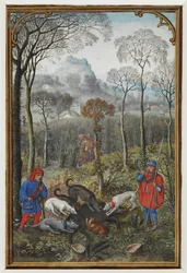 Lisää MS 18855 f.108v kalenteriminiatyyri joulukuulle, jossa näkyy villisianmetsästyssukka)