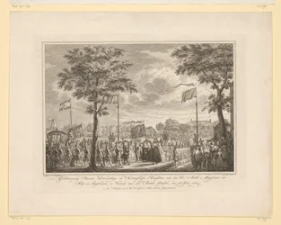 Jäähyväiset Willem V:lle ja hänen vaimolleen Buiten Amstelissa, 1768 Jäähyväiset heidän rauhallisille ja kuninkaallisille korkeuksilleen van den Ed: Achtb: Amsteldamin kaupungin tuomari ja den Buiten Amstelin lähtö, 4. kesäkuuta 1768 (nimi esineessä) Kuva
