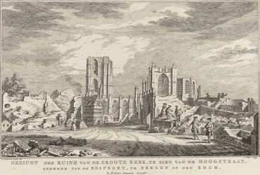 Bergenin suuren kirkon rauniot op Zoom, 1748 Näkymä Groote Kerkin raunioista Hoogstraatilta nähtynä, Bospoortilta tullessa Bergen op den Zoomissa (otsikko esineessä) Raunioiden kymmenen kasvoa Bergen op Z:n piirityksen ja tuhon jälkeen