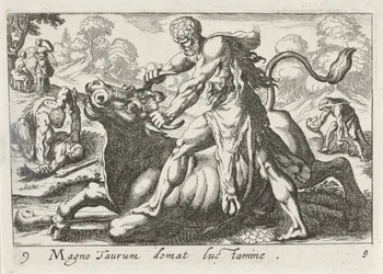 Hercules taistelussa Achelouksen kanssa Valo kesyttää suuren härän (otsikko esineessä) Herculische-teeman (sarjan nimi)