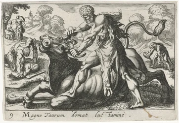 Hercules taistelussa Achelouksen kanssa Hän kesyttää suuren härän painilla (otsikko esineessä) Herculische-teeman (sarjan nimi)