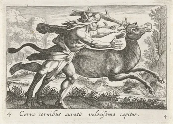 Hercules vangt de Hind van Cerynea Peura, jolla on kultaiset sarvet, saadaan kiinni erittäin nopeasti (otsikko esineessä) Herculische-teeman (sarjan nimi)