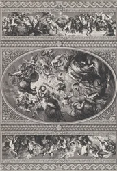 Jaakob I:n apoteoosi soikeassa keskellä, friisit putilla ja seppeleillä joko..., 1720.