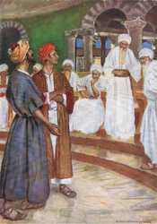 Pietarin ja Johanneksen rohkeus, Thomas Nelsonin julkaisemasta Raamatun kuvakirjasta (The Bible Picture Book), n. 1950.