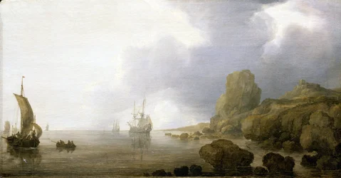 Veneet kallioisen lahden matalassa vedessä, romanttinen ja ihannoitu näkemys. Öljy puulle, tekijä Simon de Vlieger (1600-1653).