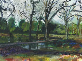 Tulva, Richmond Park (akvarelli, guassi, akvarelliliitu ja muste paperille) (englanninkielinen)