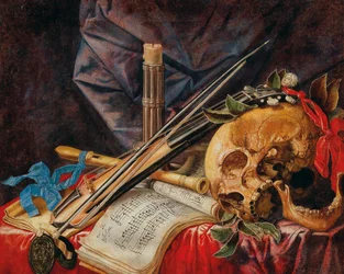 Vanitas asetelma alttoviululla, klarinetilla, kallolla, partituureilla ja kynttilällä.