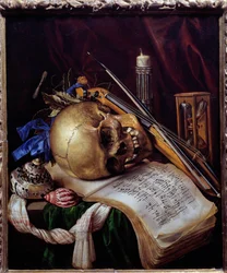 Vanitas-asetelma, jossa on pääkallo, nuottilehti, soittimia, simpukankuoria ja tiimalasi. 1650. Mitat: 0,52 x 0,44 m. Marseille, Musée des Beaux-Arts
