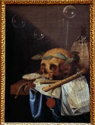 Vanitasasetelma, jossa on pääkallo, laakeriseppele, huiluja, nuottipartituuri ja viinikannu. Simon Bernard de Saint-Andrén (1613-1677) maalaus, 1600-luku. Mitat: 0,6 x 0,43 m. Lyon, Musée des Beaux-Arts