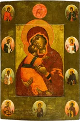 Vladimirin neitsyt valittujen pyhien kanssa par Ushakov, Simon (Pimen) Fjodorovitš (1626-1686). Tempera paneelissa