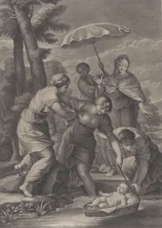 Kolme naista vetämässä koria Mooseksen kanssa vedestä, n. 1729.