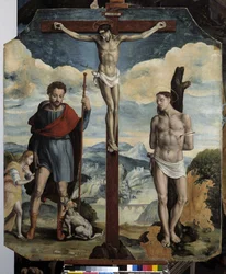 Ristiinnaulitseminen St. Rochin ja St. Sebastianin kanssa (öljy puulle)