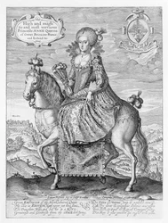 Tanskan Annen (1574-1619) ratsastajamuotokuva, taiteilijan kaiverrettu, julkaisija Compton Holland, 1616.