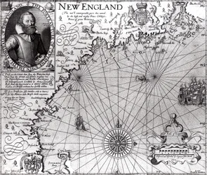 Uuden Englannin rannikon kartta, havainnoinut ja kuvaanut kapteeni John Smith (1580-1631) 1614, julkaisusta General Historie, 1624