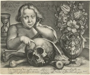 Lapsi kalloineen (Vanitas) Memento Mori (otsikko esineessä)