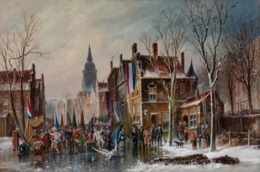 Karnevaalikulkue jäätyneellä kanavalla, noin 1840-60 (öljy kankaalle).