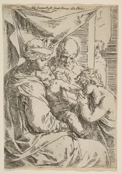 Pyhä perhe, jossa Pyhä Johannes Kastaja suutelee lapsen Kristuksen kättä, n. 1642.