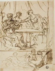 Judith Holofernesin pään ja jokien jumalien luonnosten kanssa (recto); Naisen pää, ylöspäin katsova (käänteinen)