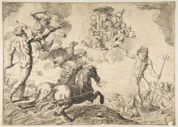 Jupiter, Neptunus ja Pluto tarjoavat kruunujaan kardinaali Borghesen käsivarsille, 1642-43.