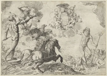 Jupiter, Neptunus ja Pluto tarjoavat kruununsa kardinaali Scipione Borghesen käsivarsille Opinnäytetyö Jupiter, Neptunus ja Pluto coronas suas offerunt armis (otsikko esineessä)