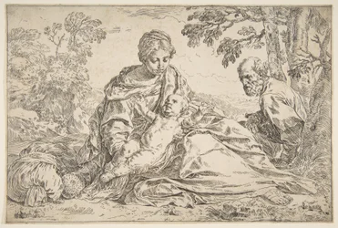 Lepää lennolla Egyptiin, Maria pitelee vauvaa Kristusta ja Pyhä Joosef oikealla, n. 1640.