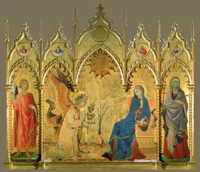 Marian ilmestys, pyhimykset Asano ja Margareta (tempera puulle)