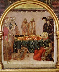 Sairaiden parantaminen St. Louis of Toulouse (1274-97) kuolinpäivänä Predella-paneeli St. Louis of Toulousen alttarilta, 1317 (tempera paneelissa)