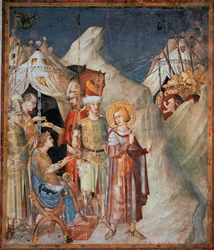 Kohtauksia pyhän Martinuksen elämästä: "Pyhä Martinus Toursilainen luopuu aseista". Simone Martinin (1285-1344) fresko. 1312-1317 - mitat 265 x 230 cm. Pyhän Franciscuksen basilikan alakirkko; Pyhän Martinuksen kappeli, Assisi