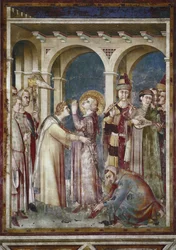 Fresko Pyhän Martinin elämästä. Saint Martin on ritari, yksityiskohta. Eveque Saint Martin de Tours ja muusikot. Simone Martinin (1280-1344) maalaus. Fresko