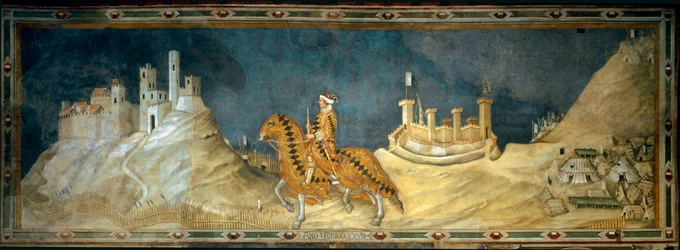Guidoriccio da Fogliano. Kuvaus Guido Riccio da Foglianosta (kuoli 1352), Sienan armeijan komentajasta (condottiere), Montemassin linnan valtauksen aikana Maremmassa (Maremma) vuonna 1328.