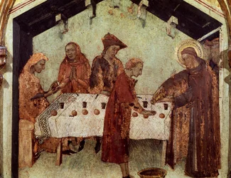Louis palvelemassa munkkeja pöydässä, yksityiskohta Toulousen Louisin elämästä, Saint Louisin predellasta Toulousen piispa, joka kruunaa veljensä Robert of Anjou, Napolin kuninkaan