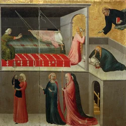 Sängystä pudonneen vauvan ihme, yksityiskohta alttaritaulusta Siunattu Agostino Novello ja Simone Martinin (1283-1344) tarinat hänen elämästään, öljy kankaalle, 200x256 cm, noin 1330