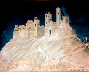 Näkymä Montemassin linnasta Maremmassa (Maremma) 1328. Fresko Simone Martini (1284 n.-1344)
