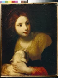 Pyhä Agnes. (Agnes Roomalainen, syntynyt vuonna 290, marttyyri noin 304). Simone Pignonin (1611-1698) maalaus öljy kankaalle. italialainen taide (Firenze)