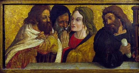 Viimeinen ehtoollinen, yksityiskohta predellasta Simone da Firenzen polyptyykistä, Santi Pietro e Paolon kirkko, San Chirico Raparo (Potenza), Basilicata, Italia.