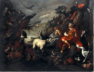 Sinibaldo Scorzan (1589-1631) Orphee and the Animals Painting of the Entourage su.101,5x129 cm Geenit, uudet katumuseot