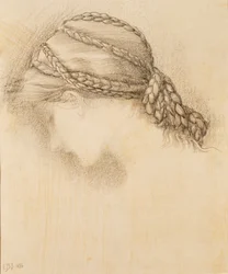 Naisen pää, yksityiskohta luonnoskirjasta, 1886.